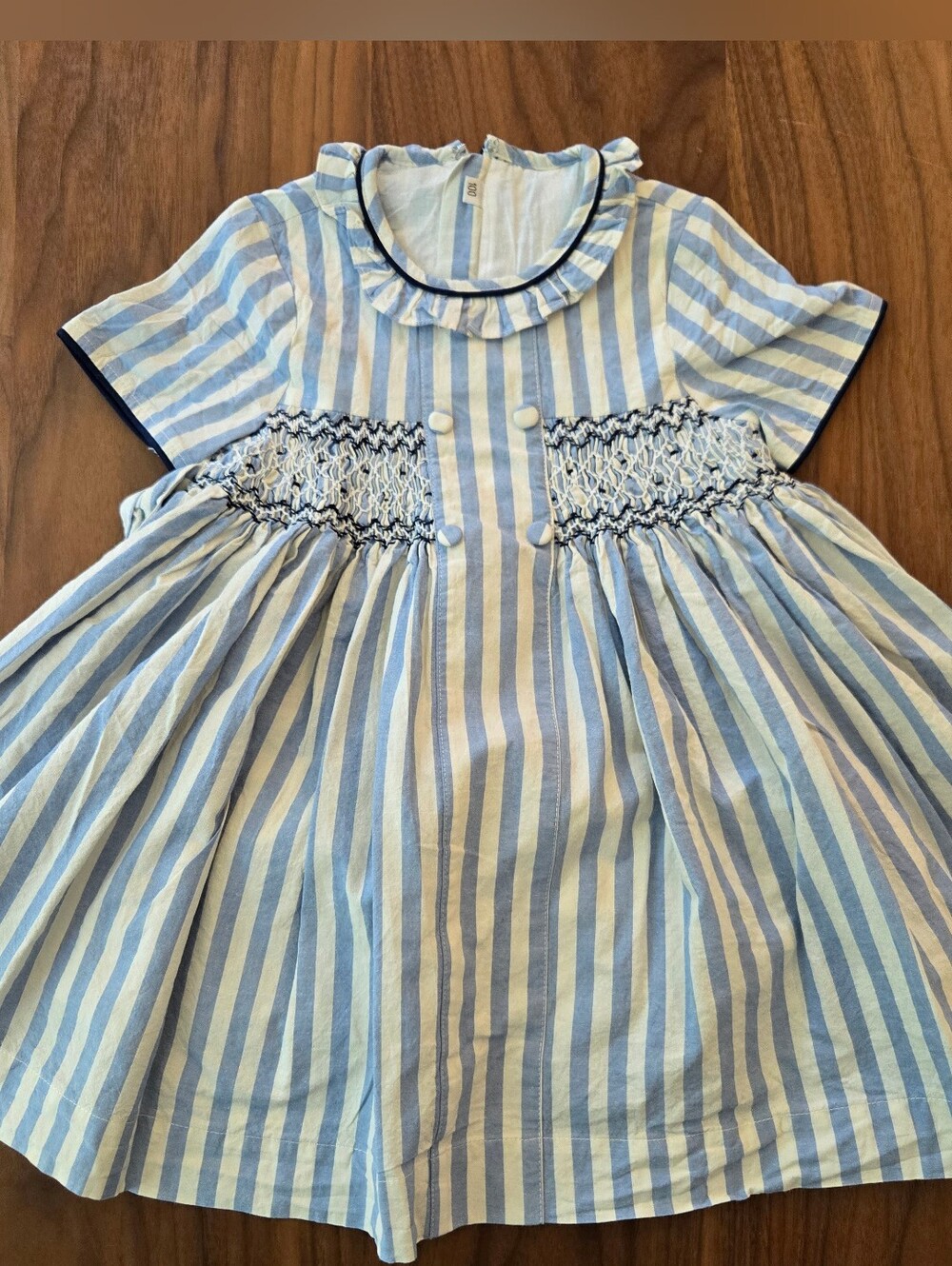 Blue & White Striped Smocked Kids Dress 3T
